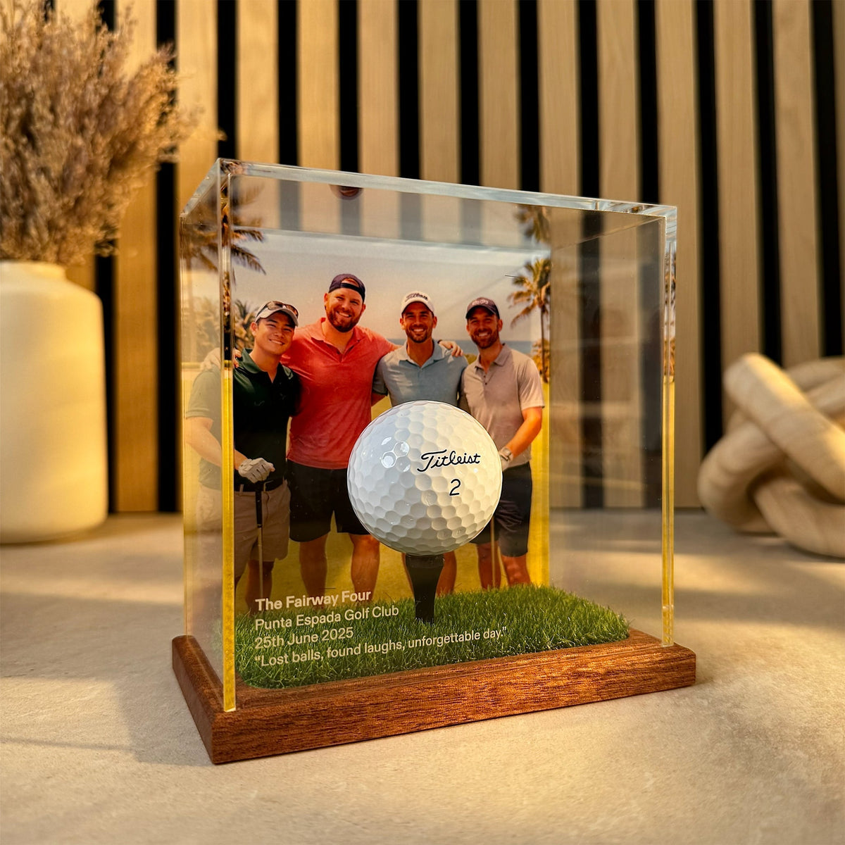 Golf ball display case with your own photo printed behind the ball