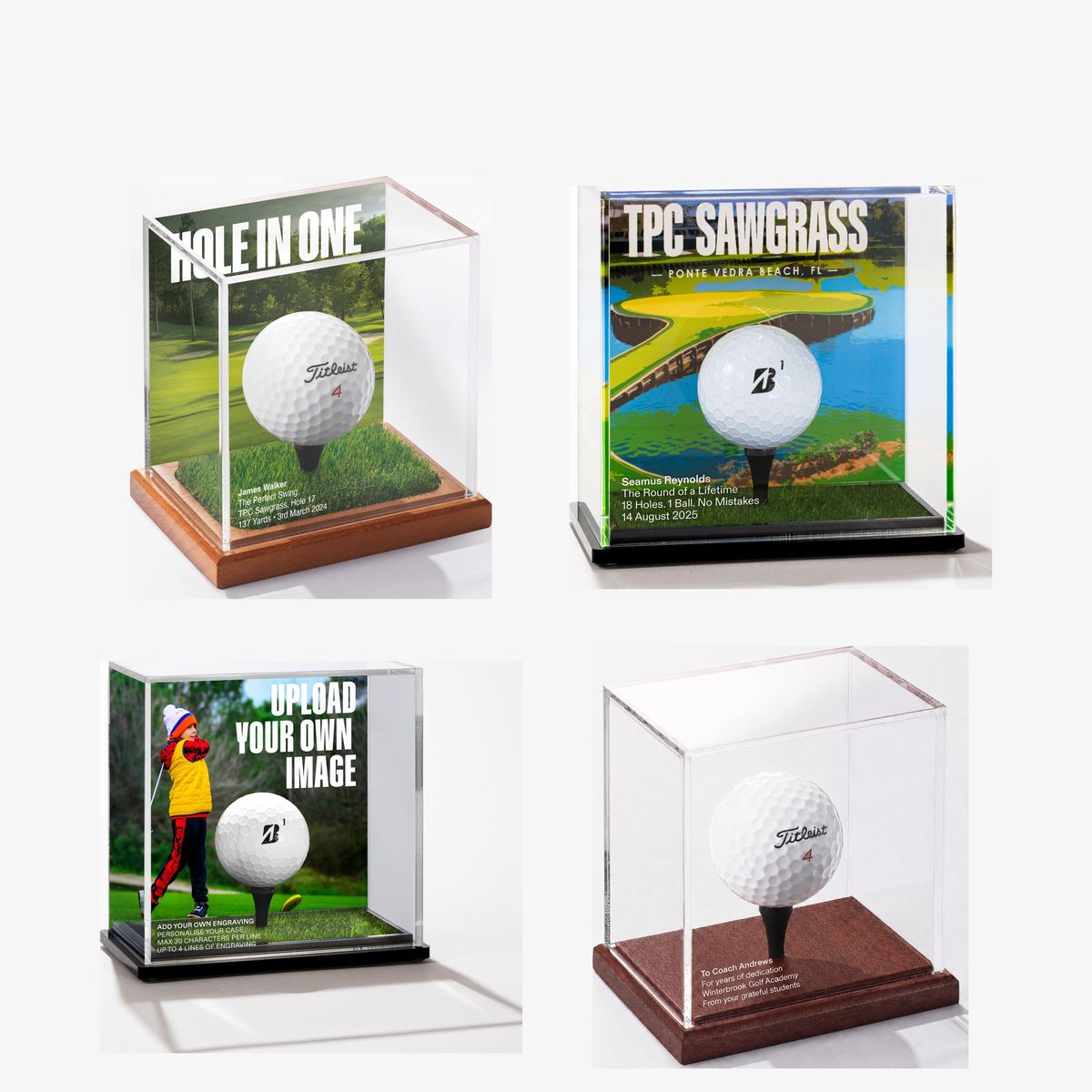 Personalised golf ball display case in four styles: Hole in One, Signature Art, your own photo and Crystal Clear