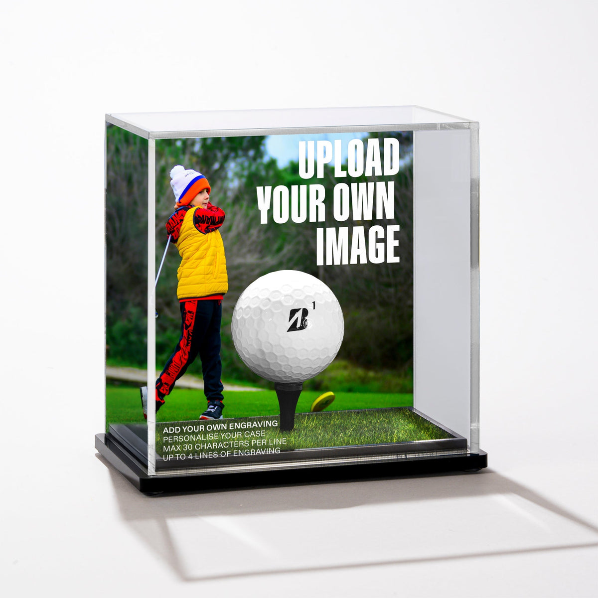 Upload Your Own Photo golf ball display case, Large case, Vantage Acrylic base