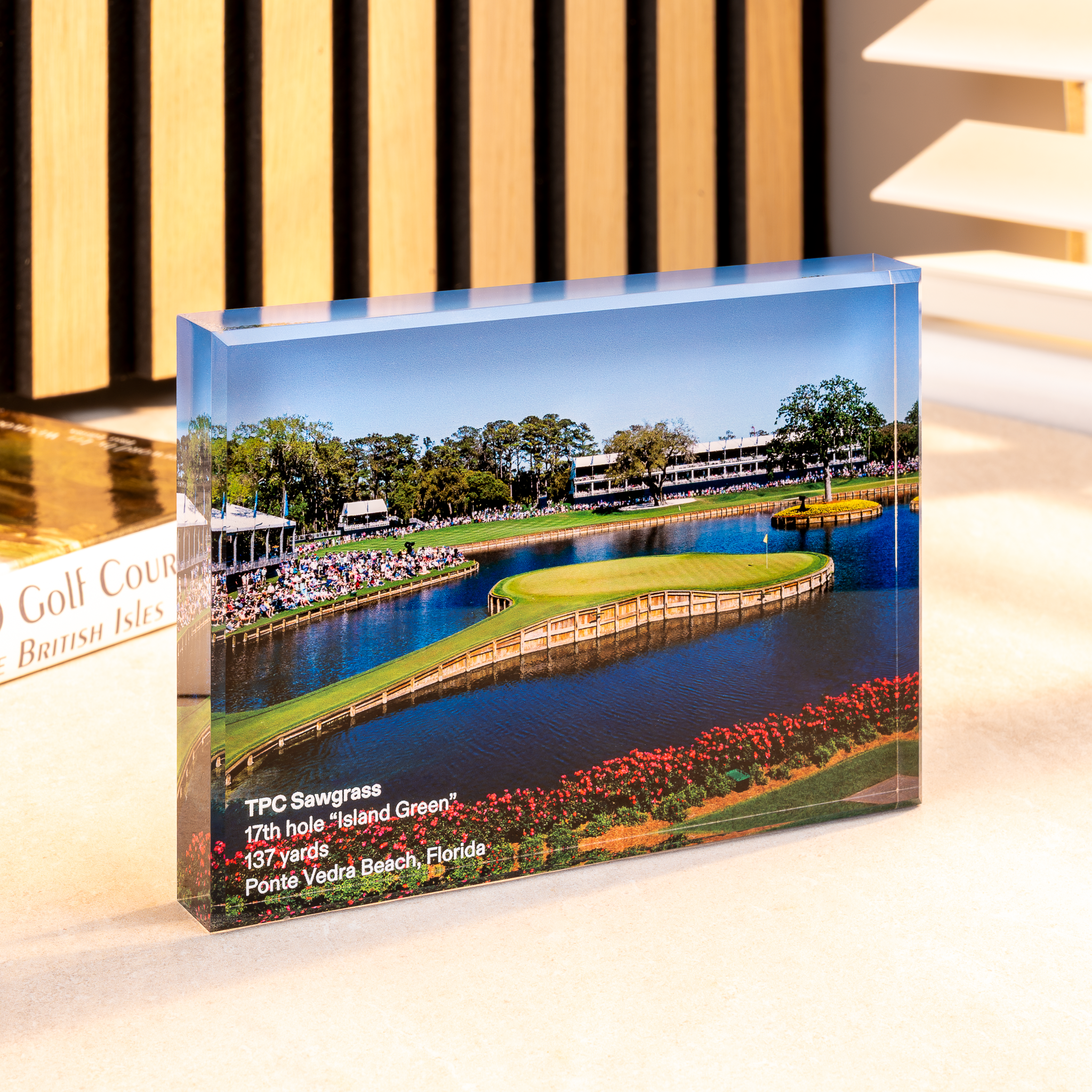 a acrylic block with a golf course and a golf course