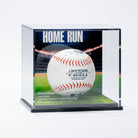 a baseball in a glass case
