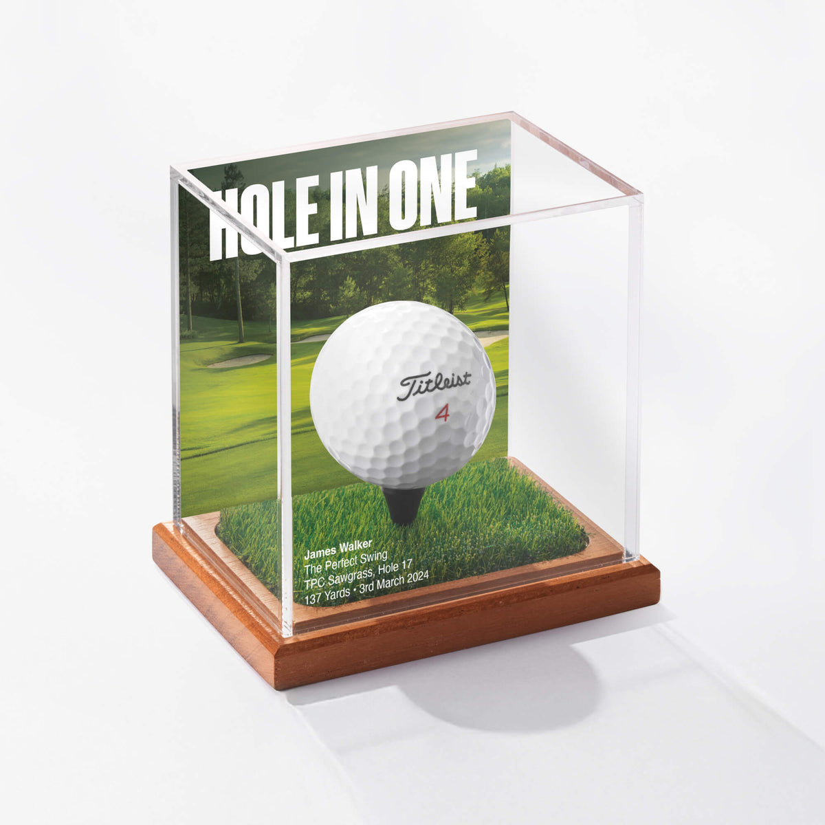 Hole in One golf ball display case with a Prestige Mahogany base