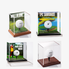 Personalised golf ball display case in four styles: Hole in One, Signature Art, your own photo and Crystal Clear